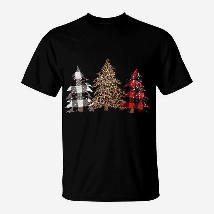 Snowy Trees Leopard Buffalo Plaid Print Cute Merry Christmas T-Shirt