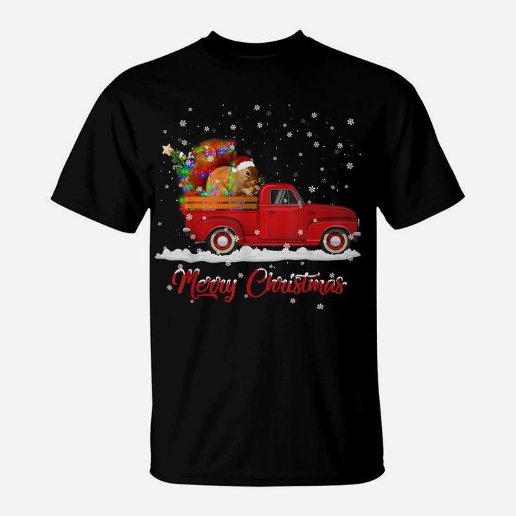 Squirrel Animal Riding Red Truck Christmas T-Shirt