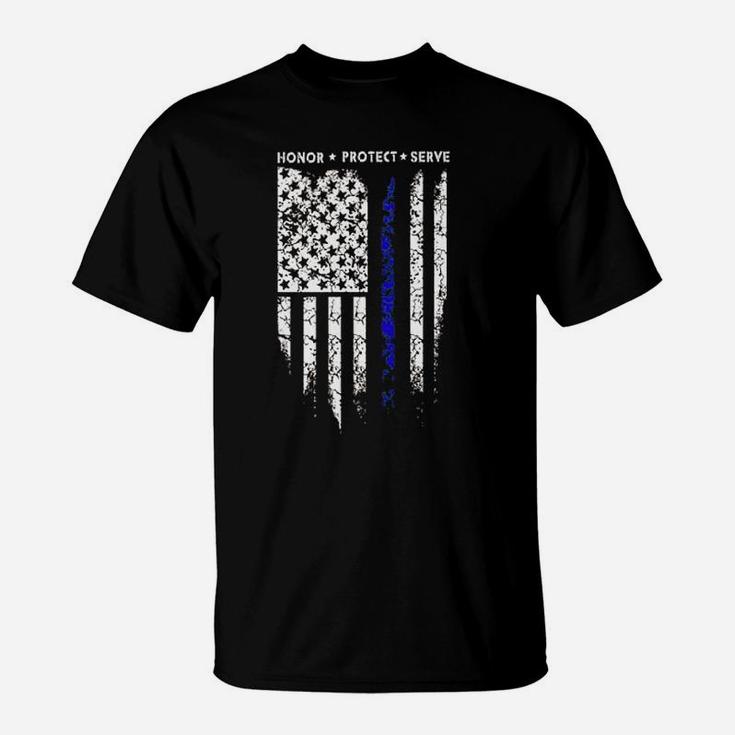 Sr Thin Blue Line Usa Protect Police Flag Army American T-Shirt