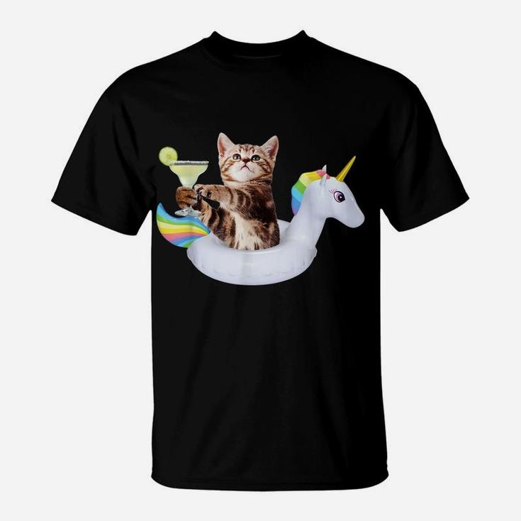 Summer Kitty With Margarita & Unicorn Float Funny Cat Shirt T-Shirt