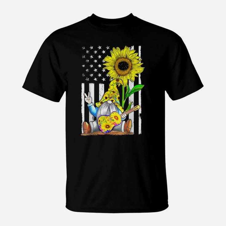 Sunflower Gnome Playing Guitar Hippie American Flag Plussize T-Shirt