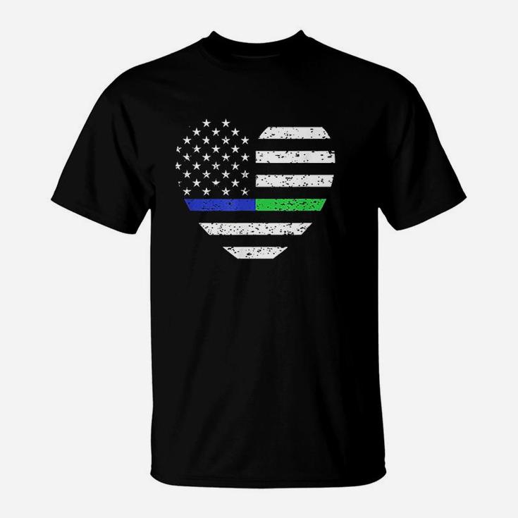 Thin Blue Line Green Line Flag Heart T-Shirt