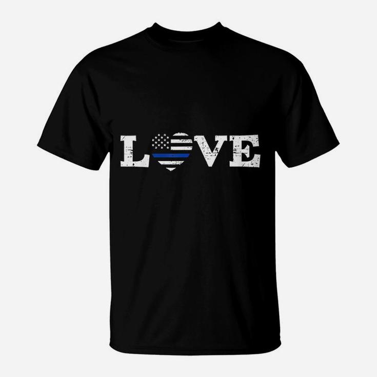 Thin Blue Line Police Officer Love American Flag T-Shirt