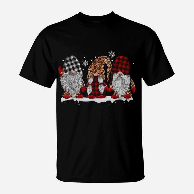 Three Gnomes In Leopard Printed Buffalo Plaid Christmas Gift T-Shirt