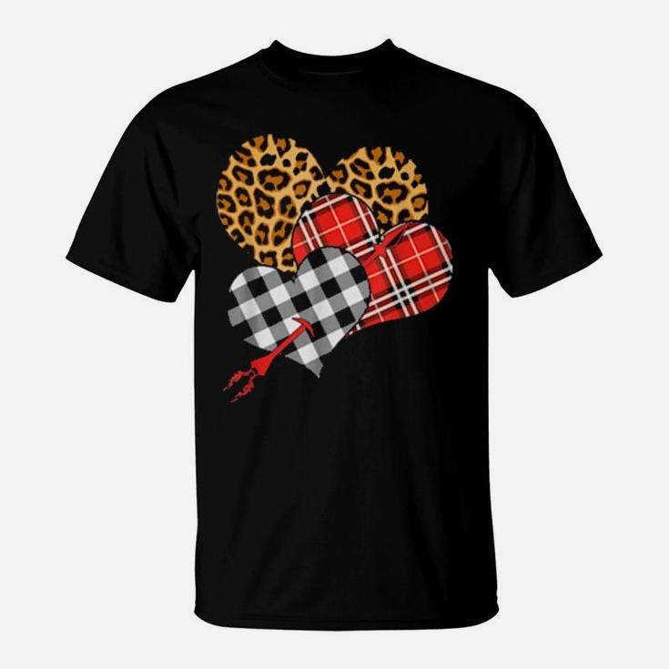 Three Hearts Leopard Buffalo Plaid Valentines Day T-Shirt