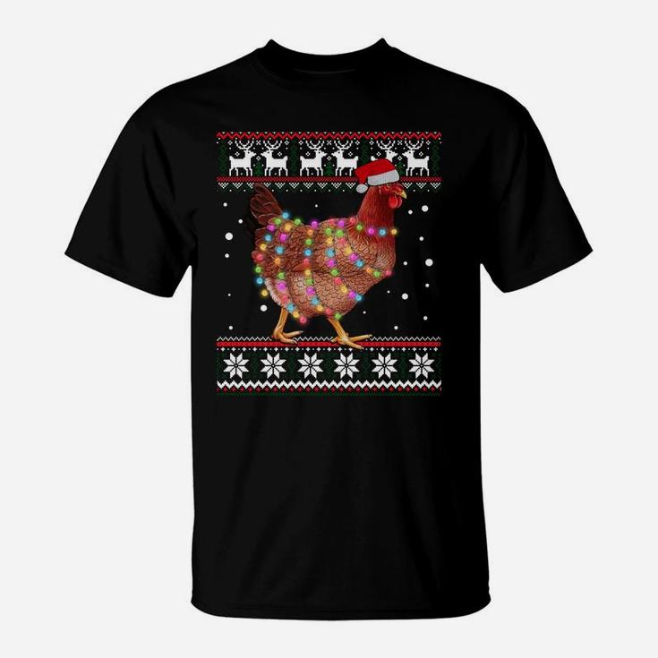 Ugly Christmas Chicken Santa Hat Lights Sweater Xmas Gift T-Shirt