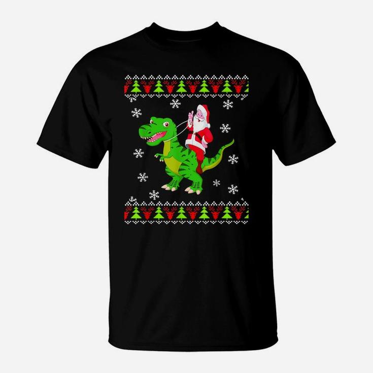 Ugly Sweater Santa Riding Dinosaur Christmas Rex T-Shirt