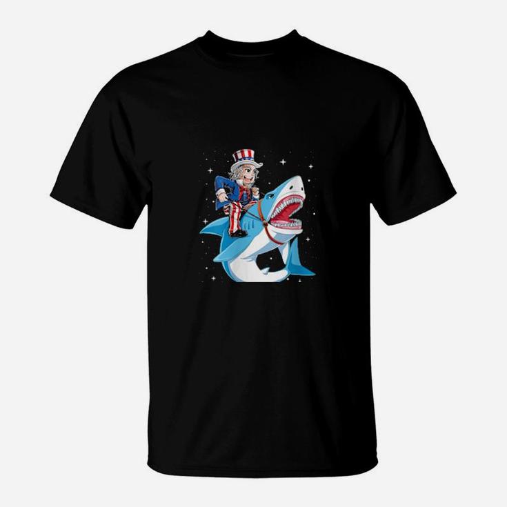 Uncle Sam Riding Shark 4Th Of July American Flag T-Shirt