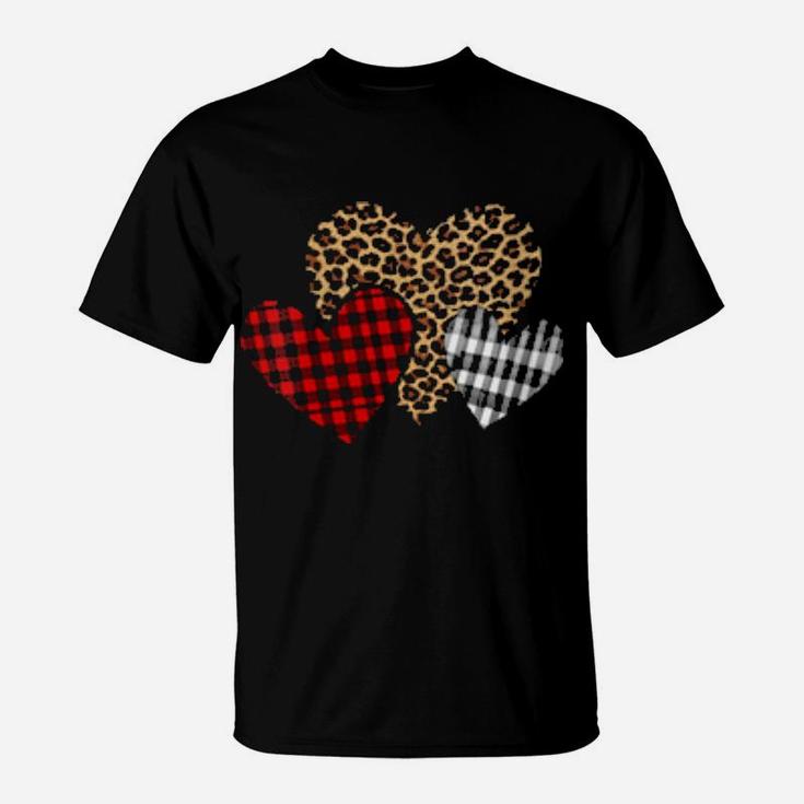 Valentines 3 Hearts Buffalo Plaid Leopard Mom Grandmother T-Shirt