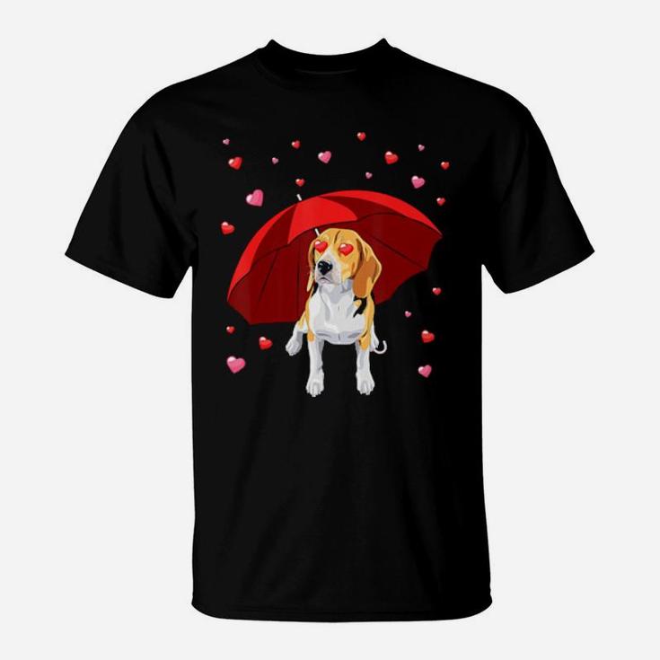 Valentines Beagle Dog Raining Hearts Valentine's Day T-Shirt