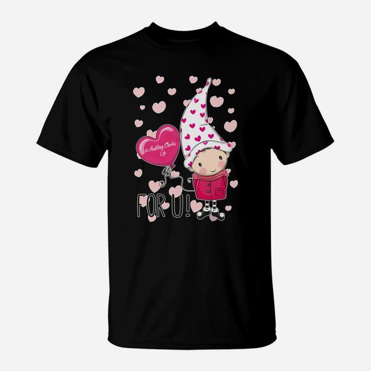 Valentines Day Auditing Clerks Life Pink Gnome Holds Heart Balloon T-Shirt