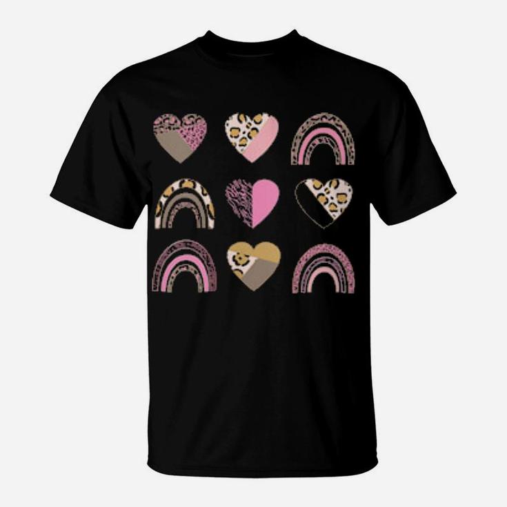 Valentine's Hearts Leopard Print Pink Rainbow Aesthetic T-Shirt