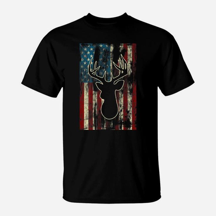 Vintage Distressed Patriotic Deer Hunting American Usa Flag T-Shirt