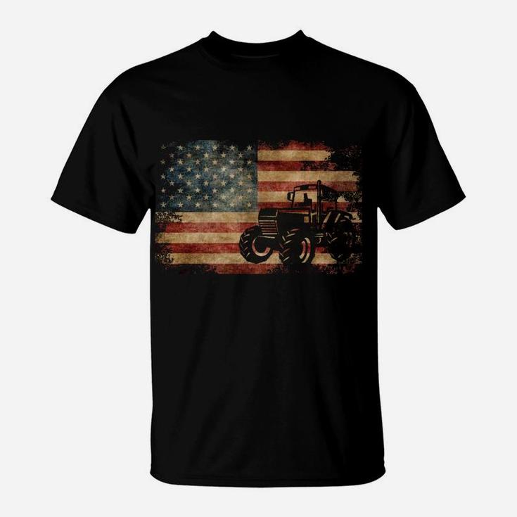 Vintage Farm Tractor American Flag Patriotic Farming Usa T-Shirt