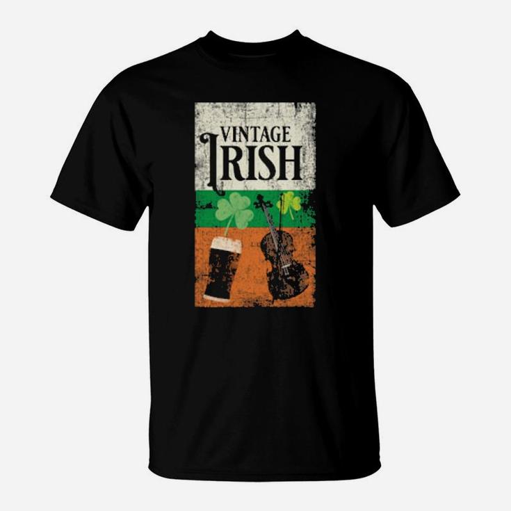 Vintage Irish St Patricks Day With Shamrock Fiddle And Beer T-Shirt