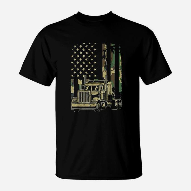 Vintage Trucker Camouflage American Flag Truck Driver T-Shirt