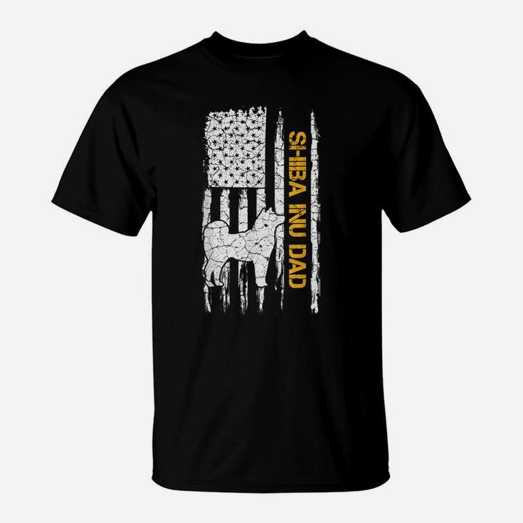 Vintage Usa American Flag Shiba Inu Dog Dad Silhouette Funny T-Shirt