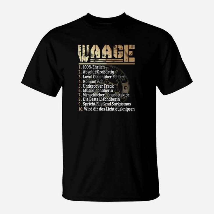 Waage Sternzeichen Schwarzes T-Shirt mit Goldenen Eigenschaften