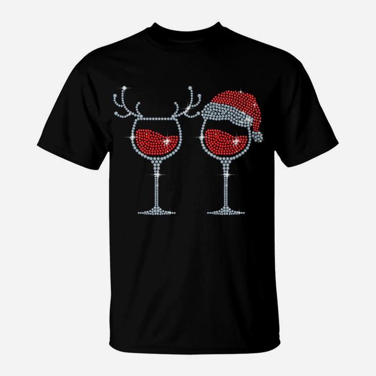 Wine Glass Santa Hat Reindeer Funny Drinking Team Christmas T-Shirt