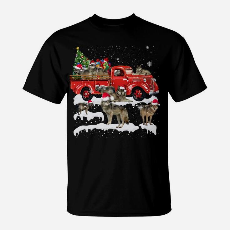 Wolf Riding Red Truck Merry Christmas X-Mas Ugly Gift T-Shirt