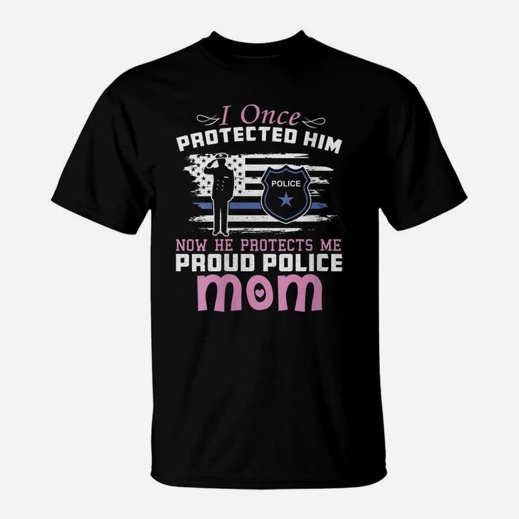 Womens American Police Thin Blue Line Gift  Proud Mom T-Shirt