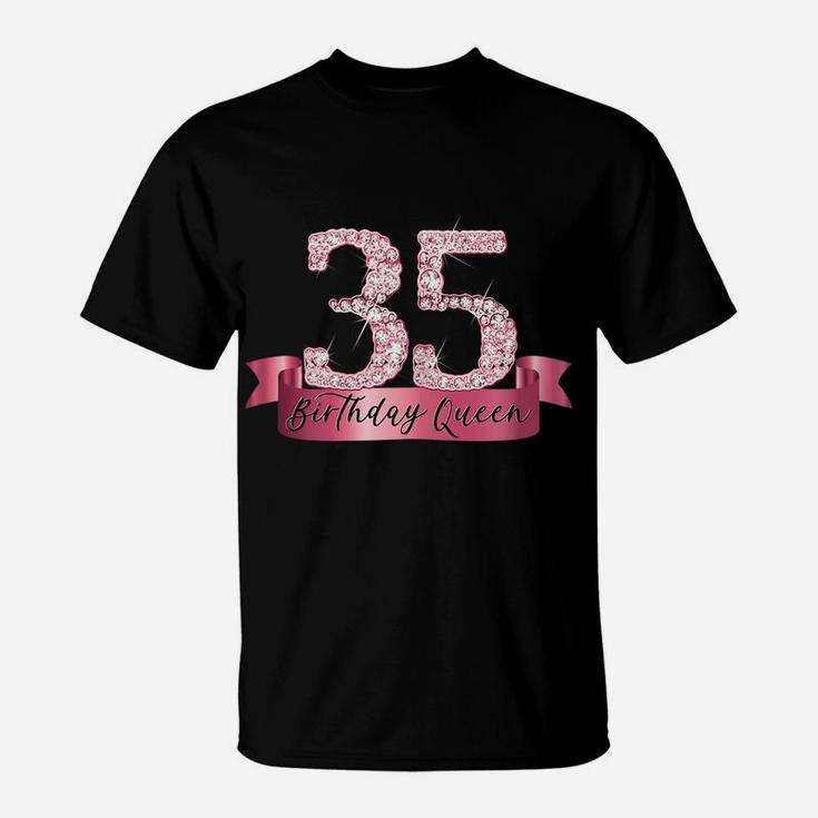 Womens Birthday Queen I Pink 35Th Number & Ribbon Banner Outfit T-Shirt