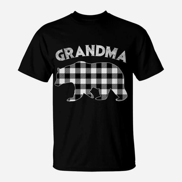 Womens Black And White Buffalo Plaid Grandma Bear Christmas Pajama T-Shirt
