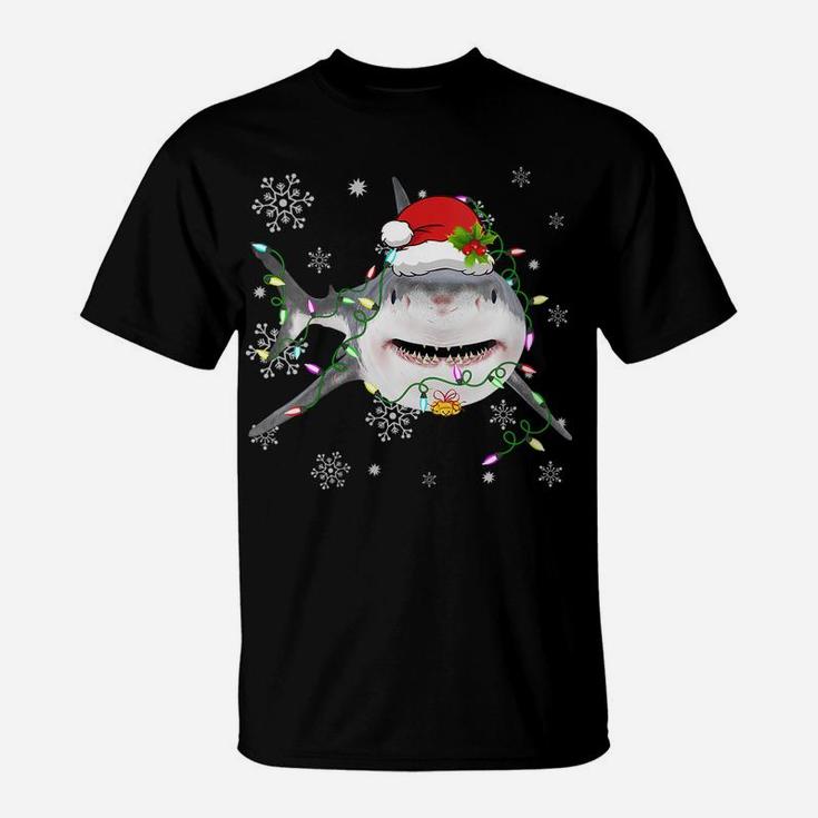 Womens Christmas Lights Shark Lover Funny Santa Hat Xmas Family T-Shirt