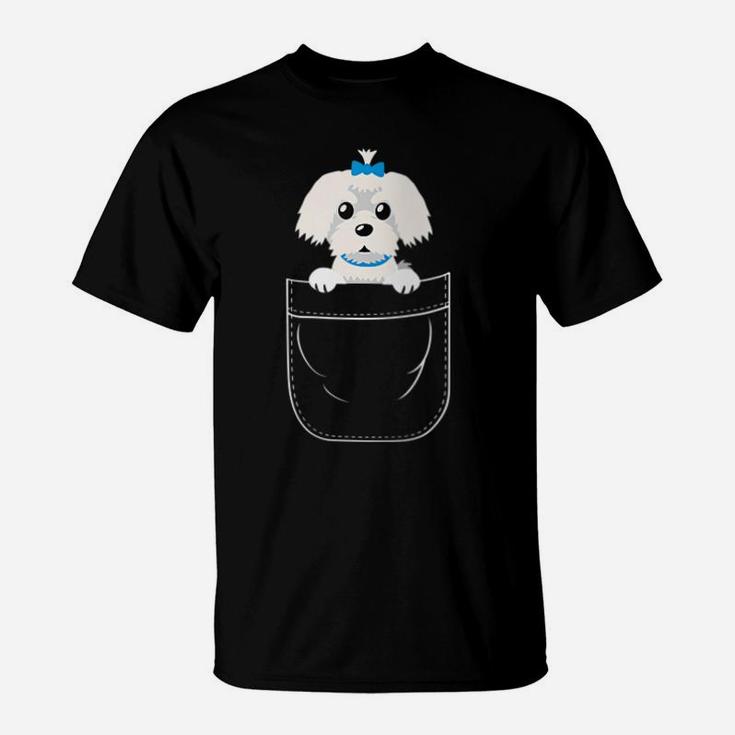 Womens Cute Maltese Dog In Pocket T-Shirt