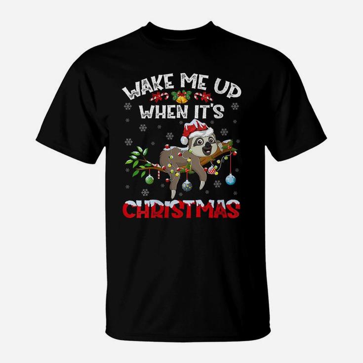 Womens Funny Santa Hat Wake Me Up When It's Christma Sloth T-Shirt