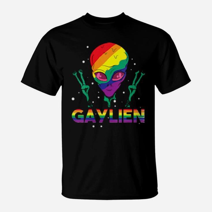 Womens Gaylien Alien Lgbt Love Rainbow Heart Flag Gay Pride T-Shirt