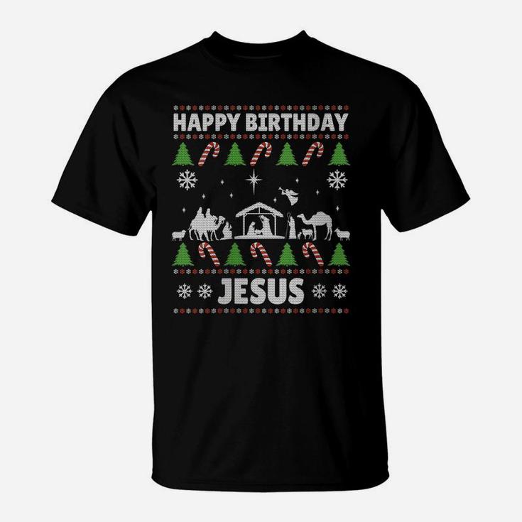 Womens Happy Birthday Jesus Xmas Holiday Christmas Ugly Sweater T-Shirt