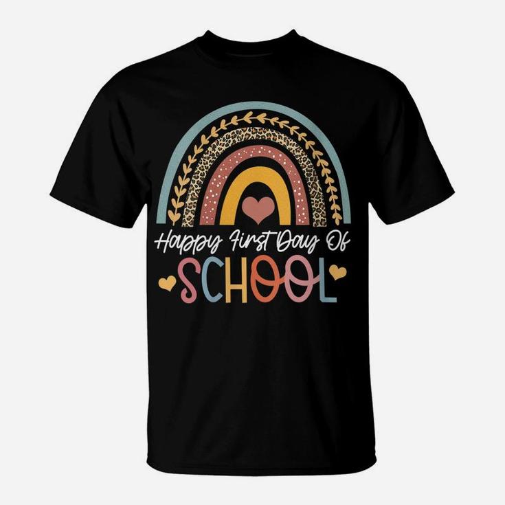 Womens Happy First Day Of School Funny Leopard Boho Rainbow T-Shirt
