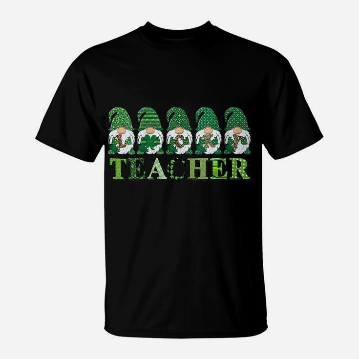 Womens Lucky Teacher Gnomes St Patricks Day Leopard Print Shamrocks T-Shirt