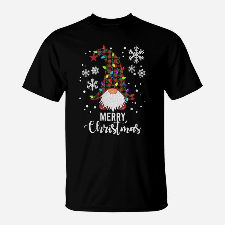 Womens Merry Christmas Gnomes Buffalo Plaid Snowflakes Santa Lights T-Shirt
