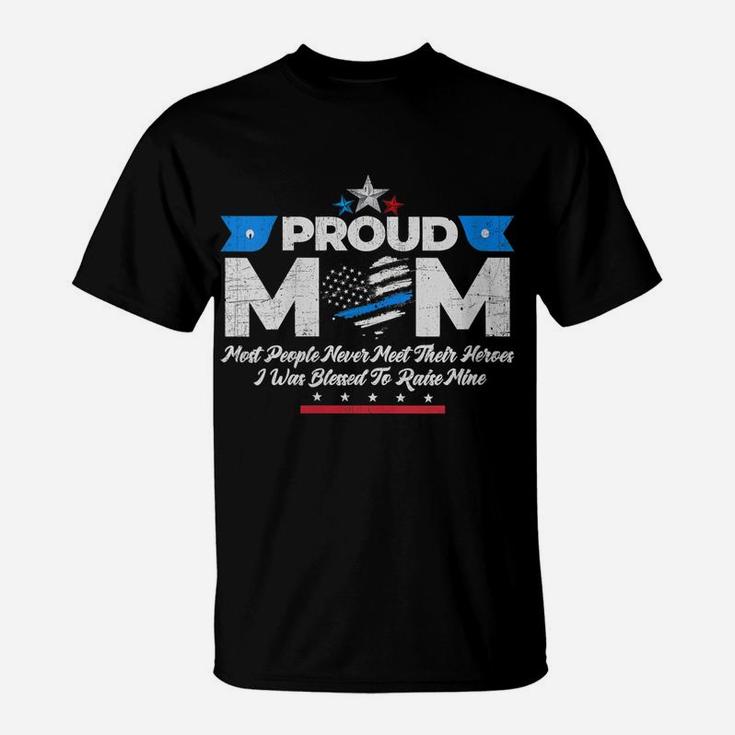 Womens Proud Mom Thin Blue Line Flag Law Enforcement Vintage T-Shirt