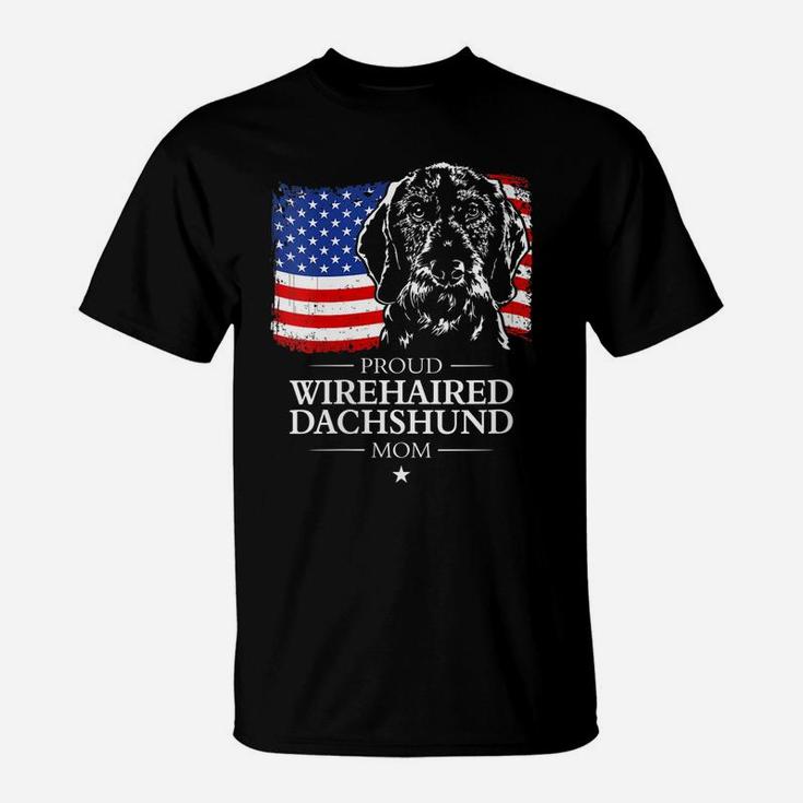 Womens Proud Wirehaired Dachshund Mom American Flag Patriotic Dog T-Shirt