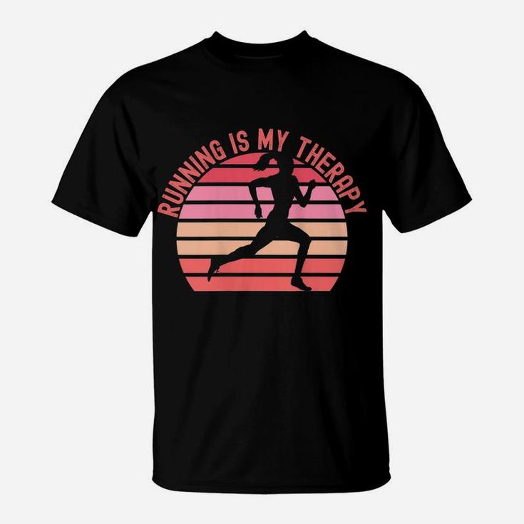 Womens Running Is My Therapy Girl Runner Retro Sunset Funny T-Shirt