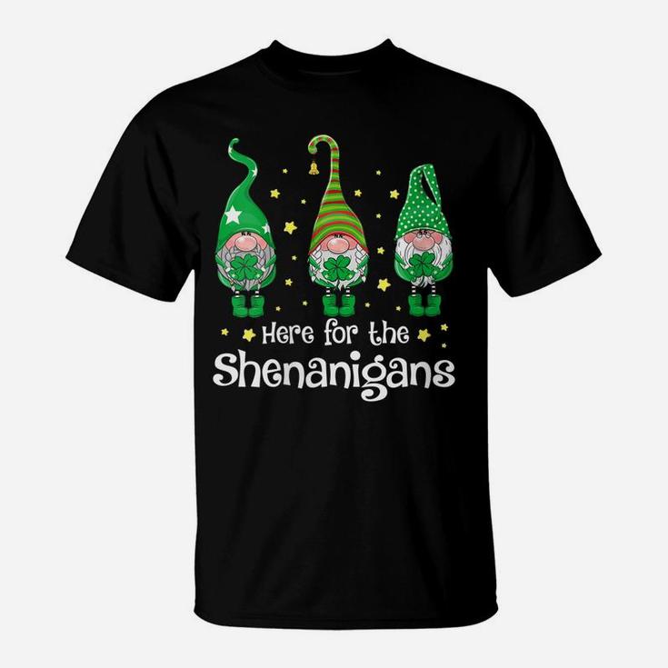 Womens St Patricks Day Here For The Shenanigans Gnome Shamrock Gift T-Shirt