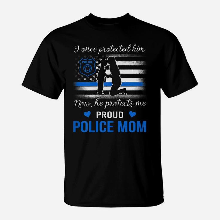 Womens Thin Blue Line American Flag Proud Police Mom T-Shirt