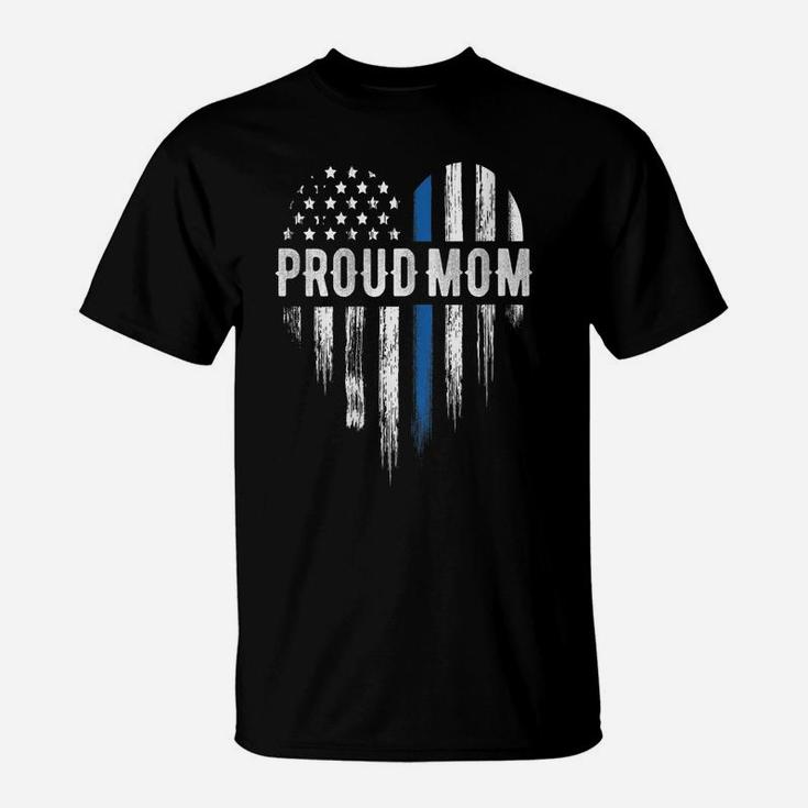 Womens Thin Blue Line Heart Proud Mom Police T-Shirt