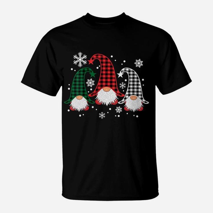 Womens Three Gnomes Buffalo Plaid Christmas Snowflakes Gift T-Shirt