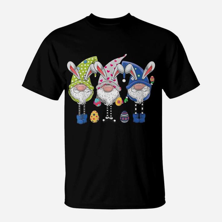 Womens Three Gnomes Bunny Holding Easter Egg Hunting Happy Easter T-Shirt