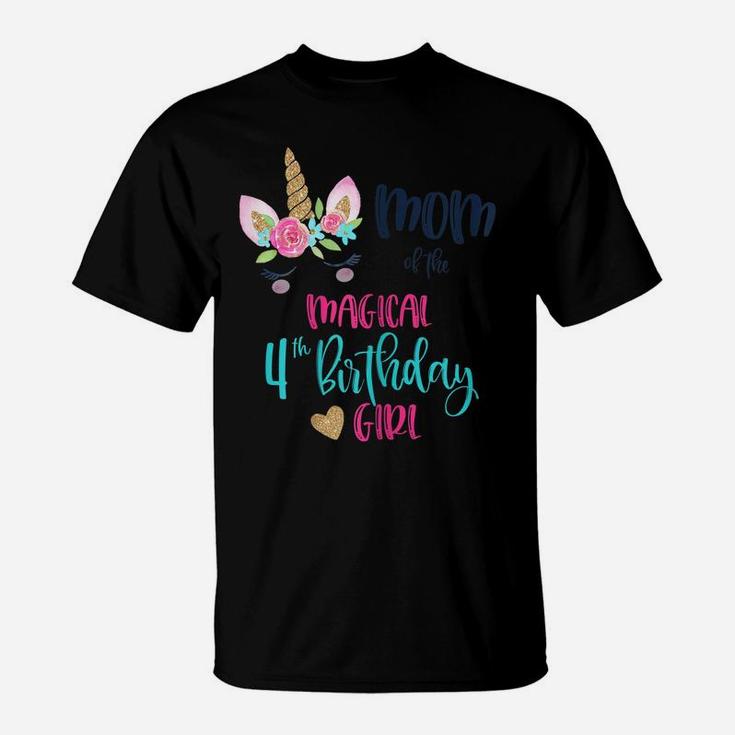 Womens Unicorn Mom Of The 4Th Birthday Girl Shirt Matching Mama T-Shirt