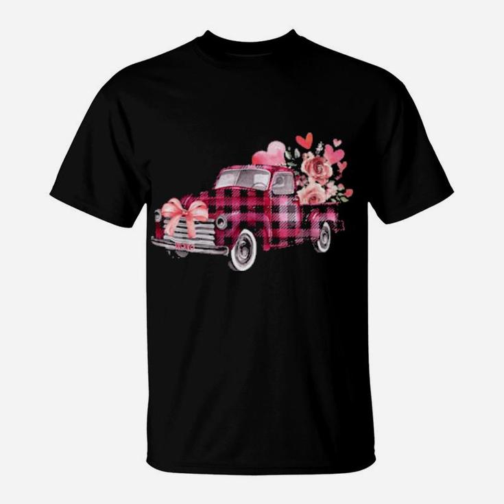 Xoxo Pink Plaid Truck Flowers Valentine's Day T-Shirt