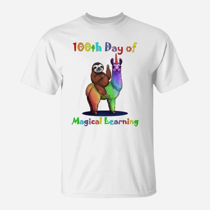 100Th Day Of School Sloth And Llama Unicorn Kid And Teacher T-Shirt