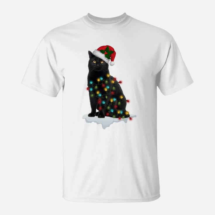 Black Cat Christmas Tree Deco Lights Funny Xmas Cat Gift Sweatshirt T-Shirt