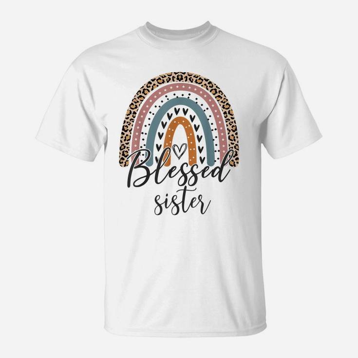 Blessed Sister Funny Leopard Boho Cute Rainbow T-Shirt