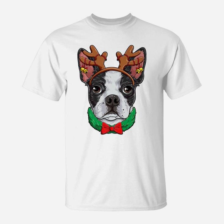 Boston Terrier Christmas Reindeer Antlers Xmas Girls Dog T-Shirt