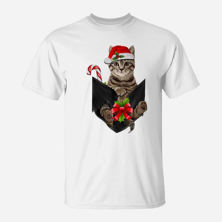 Brown Cat Santa Hat In Pocket - Christmas Cat Lovers Pajama T-Shirt